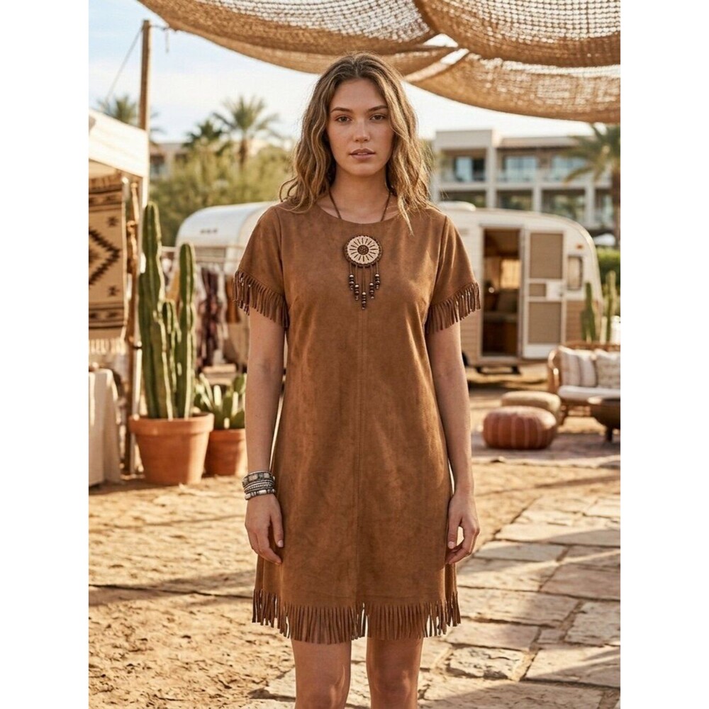 Western Boho Tan Faux Suede Dress Fringe Sleeves & Hem Medium